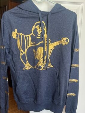 True Religion Navy Hoodie with Gold Buddha Guitar Print